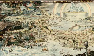 Atlas miejsc literackich: fantastyczna mapa z krainami baśni, legend i snów, pełna zamków, potworów i mitycznych postaci.