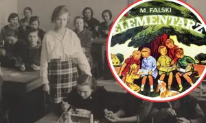 Dziewczynka z elementarza, w kratce, stoi w klasie pełnej uczennic. Obok ilustracja z książki "Elementarz".