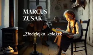 Dziewczynka czyta książkę przy świecy, podczas gdy starszy mężczyzna gra na akordeonie. To scena z "Złodziejki książek" Marcusa Zusaka.