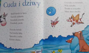 Ilustracja do wierszy Tuwima i Brzechwy: latające krówki, śmiejące się słonko, szczekające ptaszki i ćwierkające pieski.