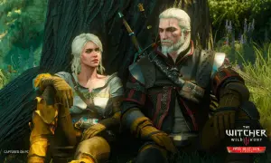 Geralt i Ciri odpoczywają pod drzewem. W tle logo "Wiedźmin sezon 3".