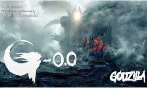 Godzilla Minus Zero: przerażający potwór wyłania się z dymu nad wzburzonym morzem, niszcząc statek.