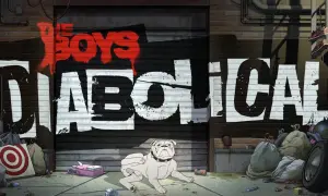 Chłopaki przedstawiają: czyste zło. Graffiti "The Boys Diabolical" na zamykanej bramie, z buldogiem i śmieciami w zaułku.