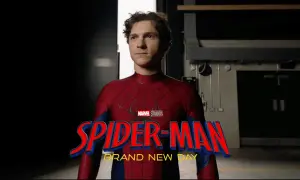 Tom Holland jako Spider-Man w kostiumie, z logo "Spider-Man: Brand New Day" i Marvel Studios.