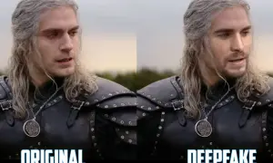 Porównanie oryginalnego Geralta z Wiedźmina i deepfake'a z Liamem Hemsworthem.