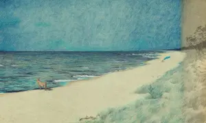 Ośle na plaży, m jak morze. W oddali błękitny ptak.