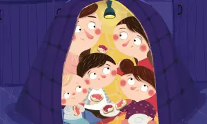 Rodzina pod kocem, jedząca kanapki z dżemem. Może to scena z jakiegoś **pucio film**?