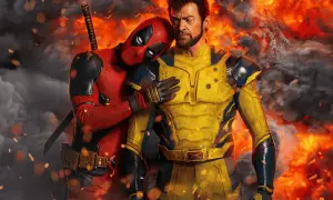 Deadpool przytula się do Wolverine'a na tle płomieni. Zapowiedź premiery Deadpool 3.