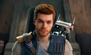 Cameron Monaghan jako Cal Kestis z droidem BD-1. Jego filmy, seriale i programy to przygody w świecie Gwiezdnych Wojen.