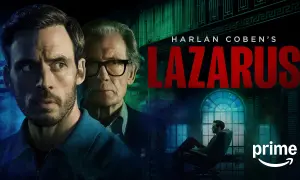 Dwóch mężczyzn, jeden młodszy z zarostem, drugi starszy w okularach, w mrocznym klimacie. Tytuł "Harlan Coben's Lazarus" sugeruje, że to schronienie serialowe.