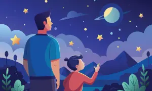 Tata pokazał mi wszechświat. Dziecko z tatą patrzy na gwiazdy i planetę Saturn na nocnym niebie.