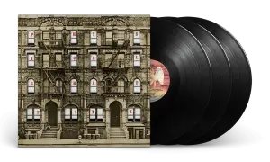 Okładki płyt Led Zeppelin "Physical Graffiti" i trzy czarne winyle.