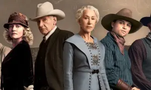 Sześcioro bohaterów w westernowych strojach, w tym Harrison Ford i Helen Mirren, tworzy obsadę 1923.