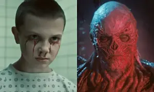 Eleven z krwawiącymi oczami i przerażający Vecna, bohaterowie Stranger Things, stają naprzeciw siebie.