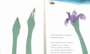 Dwoje ludzi Chmielewska, jak kwiat i łodyga, wspierają się nawzajem. Pszczoła krąży nad pięknym, fioletowym kwiatem.