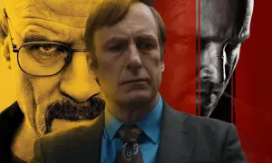 Saul Goodman w centrum, z twarzami Waltera White'a i Jesse'ego Pinkmana w tle. Zapowiedź kontynuacji Breaking Bad.