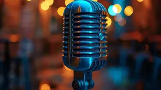 Klasyczny mikrofon gotowy do uchwycenia dźwięków muzyki jazzowej. W tle migoczą ciepłe światła.