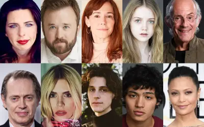 Skład obsady serialu "Wednesday": Emma Myers, Gwendoline Christie, Jenna Ortega, Catherine Zeta-Jones, Luis Guzmán, Riki Lindhome, Hunter Doohan, Percy Hynes White, Joy Sunday, Christina Ricci.