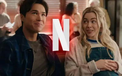 Para fanów Virgin River sezon 8: młoda para z uśmiechem na twarzy, w tle logo Netflix.