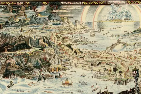 Atlas miejsc literackich: fantastyczna mapa z krainami baśni, legend i snów, pełna zamków, potworów i mitycznych postaci.