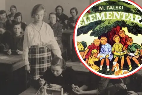 Dziewczynka z elementarza, w kratce, stoi w klasie pełnej uczennic. Obok ilustracja z książki "Elementarz".