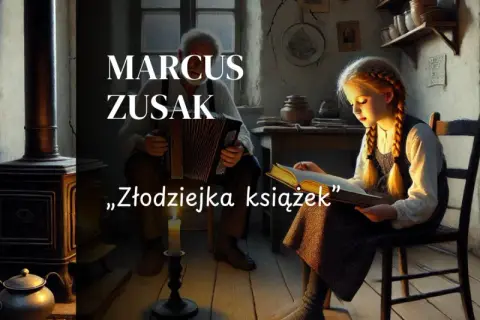 Dziewczynka czyta książkę przy świecy, podczas gdy starszy mężczyzna gra na akordeonie. To scena z "Złodziejki książek" Marcusa Zusaka.