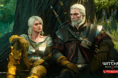 Geralt i Ciri odpoczywają pod drzewem. W tle logo "Wiedźmin sezon 3".