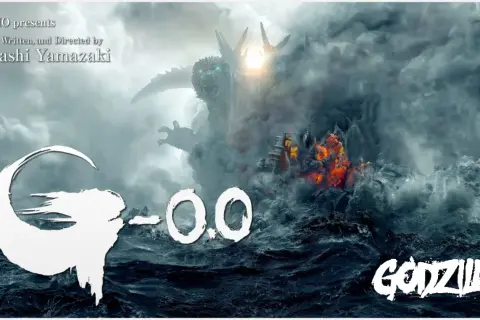 Godzilla Minus Zero: przerażający potwór wyłania się z dymu nad wzburzonym morzem, niszcząc statek.