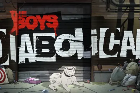 Chłopaki przedstawiają: czyste zło. Graffiti "The Boys Diabolical" na zamykanej bramie, z buldogiem i śmieciami w zaułku.