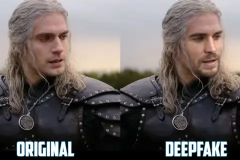 Porównanie oryginalnego Geralta z Wiedźmina i deepfake'a z Liamem Hemsworthem.