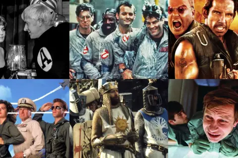 Kolaż scen z filmów, które gwarantują mega śmieszne komedie: od łowców duchów po rycerzy i pilotów.
