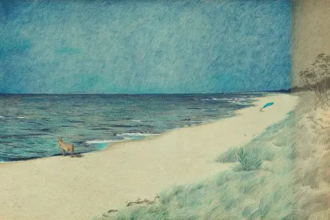 Ośle na plaży, m jak morze. W oddali błękitny ptak.