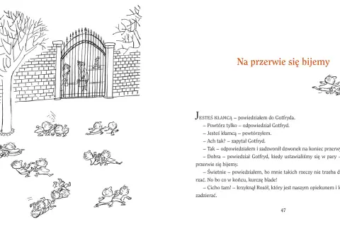 Ilustracja z książki o Mikołajku: chłopcy biją się na przerwie, jeden z nich leży na ziemi.