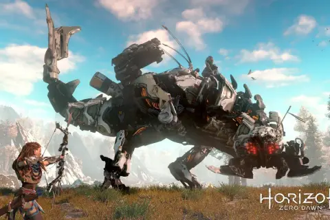Aloy z łukiem mierzy do mechanicznego gada w świecie Horizon serial.