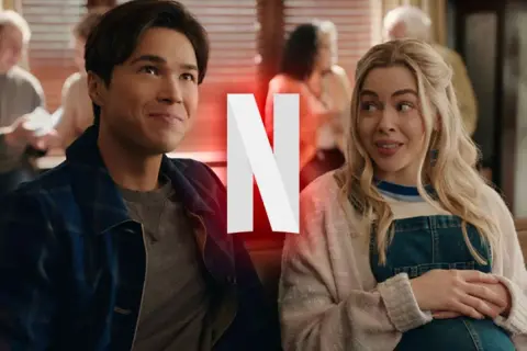 Para fanów Virgin River sezon 8: młoda para z uśmiechem na twarzy, w tle logo Netflix.
