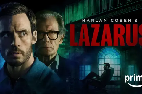 Dwóch mężczyzn, jeden młodszy z zarostem, drugi starszy w okularach, w mrocznym klimacie. Tytuł "Harlan Coben's Lazarus" sugeruje, że to schronienie serialowe.