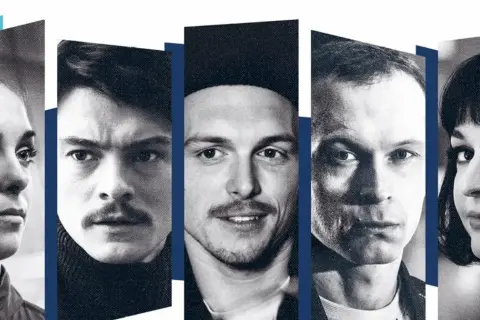 Portretowa kolaż młodych aktorów. Pięcioro utalentowanych artystów, których kariery dopiero się rozwijają.