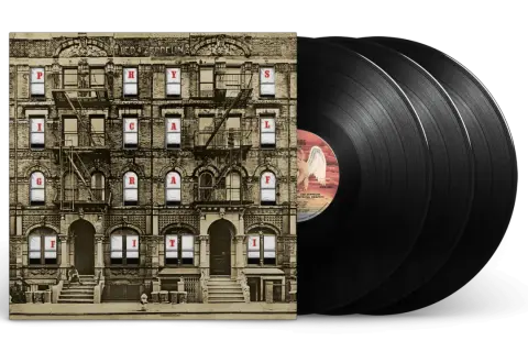Okładki płyt Led Zeppelin "Physical Graffiti" i trzy czarne winyle.