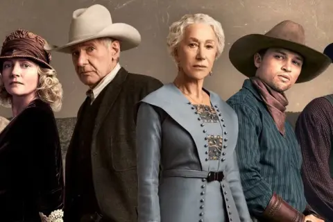 Sześcioro bohaterów w westernowych strojach, w tym Harrison Ford i Helen Mirren, tworzy obsadę 1923.
