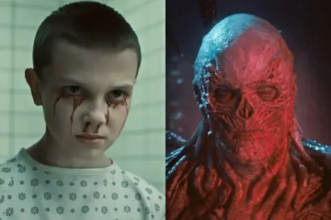 Eleven z krwawiącymi oczami i przerażający Vecna, bohaterowie Stranger Things, stają naprzeciw siebie.