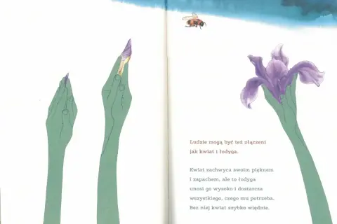 Dwoje ludzi Chmielewska, jak kwiat i łodyga, wspierają się nawzajem. Pszczoła krąży nad pięknym, fioletowym kwiatem.