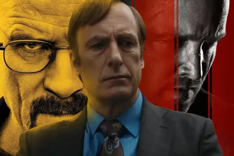Saul Goodman w centrum, z twarzami Waltera White'a i Jesse'ego Pinkmana w tle. Zapowiedź kontynuacji Breaking Bad.