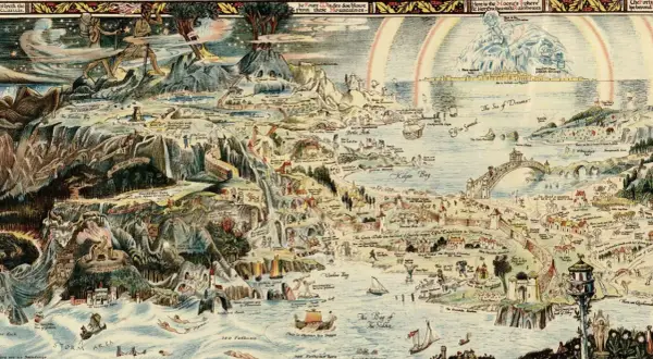 Atlas miejsc literackich: fantastyczna mapa z krainami baśni, legend i snów, pełna zamków, potworów i mitycznych postaci.