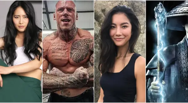 Mortal Kombat 2 obsada: młoda kobieta, wytatuowany mężczyzna, kolejna kobieta i postać z błyskawicami.
