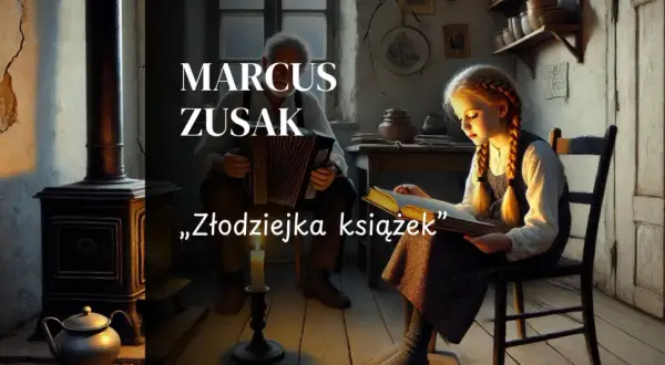 Dziewczynka czyta książkę przy świecy, podczas gdy starszy mężczyzna gra na akordeonie. To scena z "Złodziejki książek" Marcusa Zusaka.