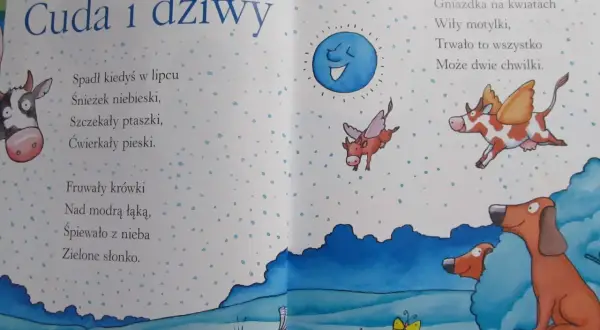 Ilustracja do wierszy Tuwima i Brzechwy: latające krówki, śmiejące się słonko, szczekające ptaszki i ćwierkające pieski.