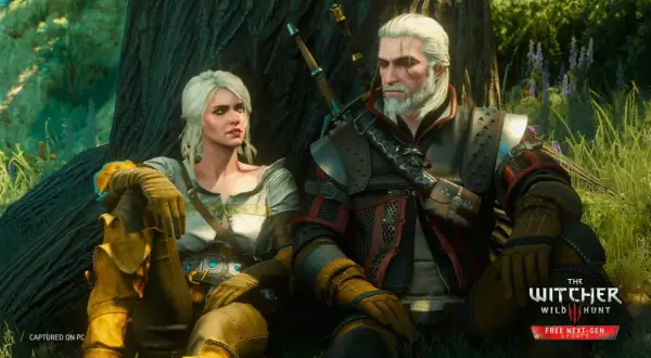 Geralt i Ciri odpoczywają pod drzewem. W tle logo "Wiedźmin sezon 3".