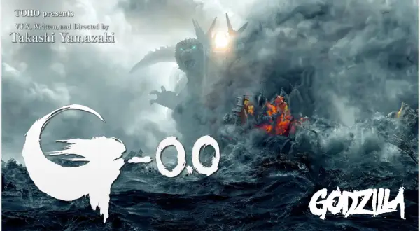 Godzilla Minus Zero: przerażający potwór wyłania się z dymu nad wzburzonym morzem, niszcząc statek.