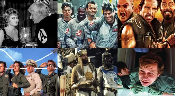 Kolaż scen z filmów, które gwarantują mega śmieszne komedie: od łowców duchów po rycerzy i pilotów.