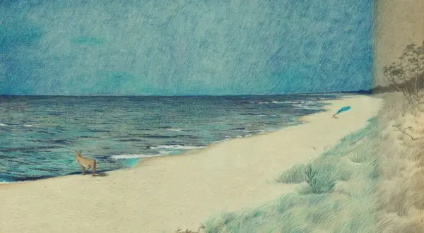 Ośle na plaży, m jak morze. W oddali błękitny ptak.